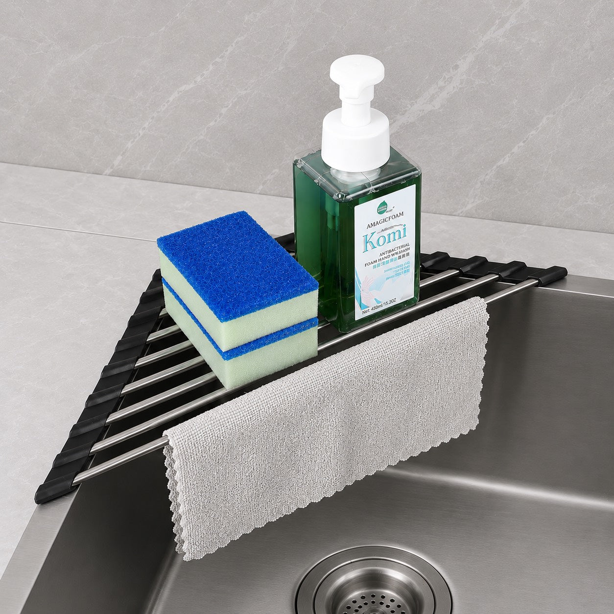Roll-Up Sink Drying Rack Foldable Stainless Steel Organizer