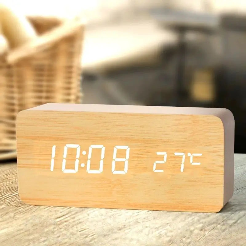 Wooden LED Digital Alarm Clock Minimalist Bedside & Desk Clock with Temperature Display