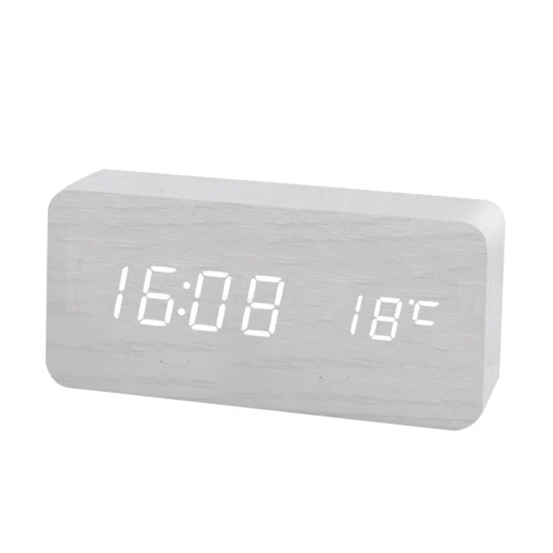 Wooden LED Digital Alarm Clock Minimalist Bedside & Desk Clock with Temperature Display