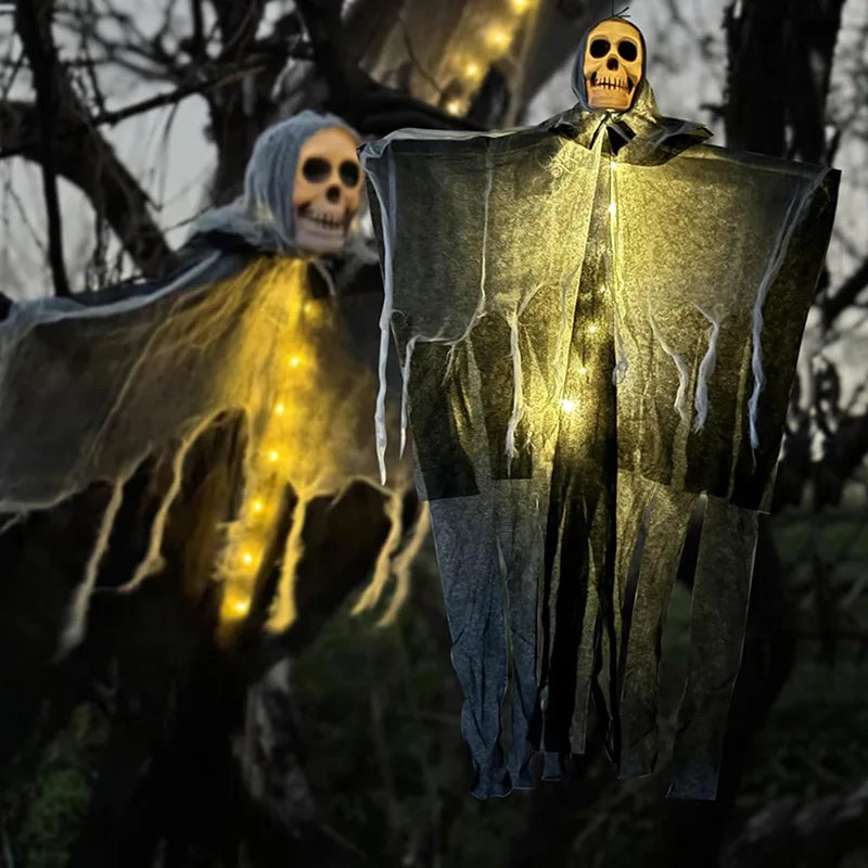 Glowing Skull Skeleton Halloween Hanging Ghost Decoration Indoor Outdoor Garden Horror Prop with Warm Light Option
