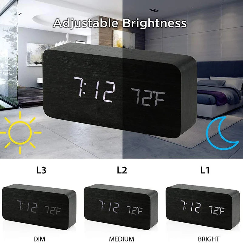Wooden LED Digital Alarm Clock Minimalist Bedside & Desk Clock with Temperature Display