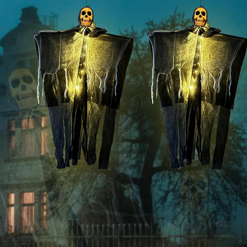 Glowing Skull Skeleton Halloween Hanging Ghost Decoration Indoor Outdoor Garden Horror Prop with Warm Light Option