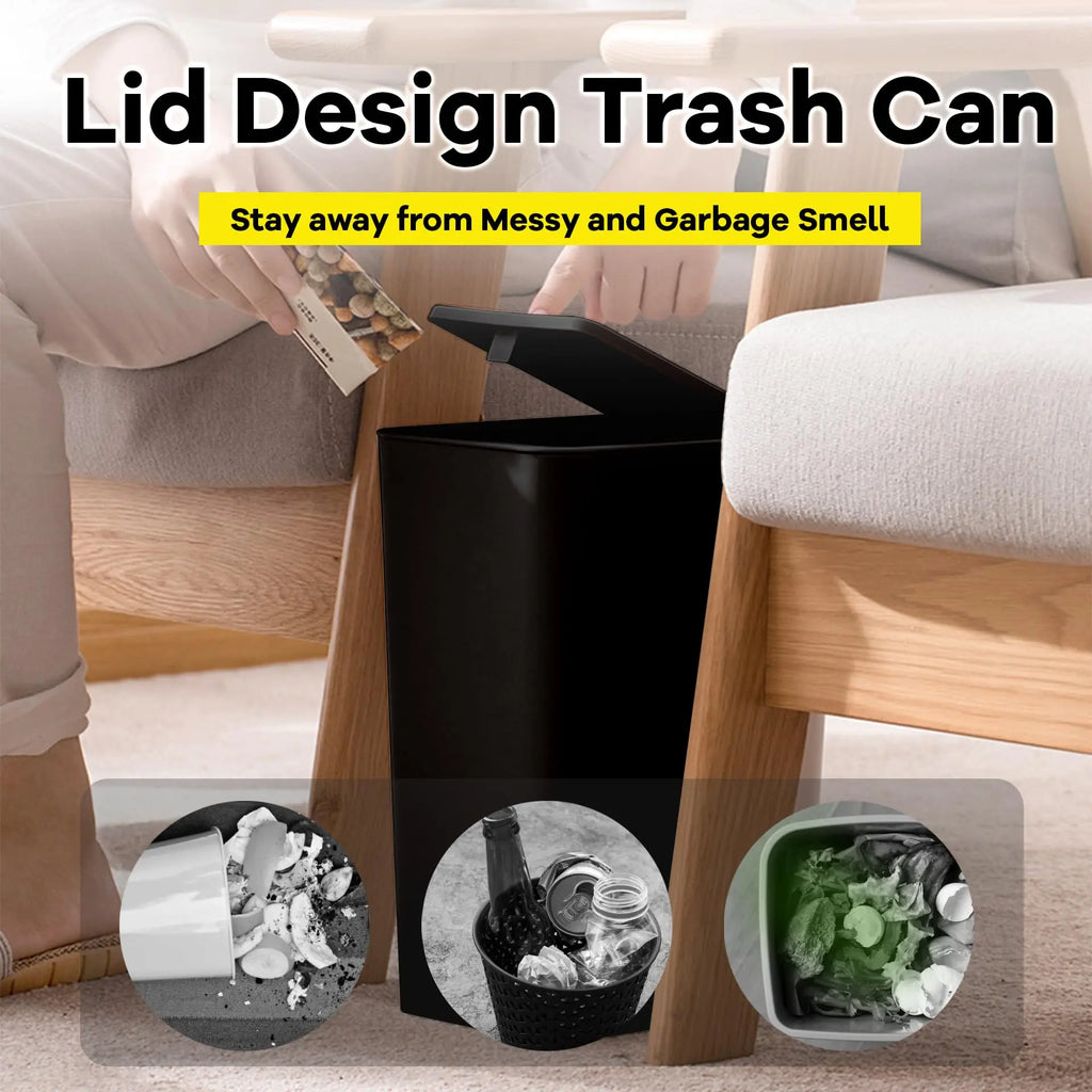 10L Press-Top Bathroom Trash Can Slim Pop-Up Lid Wastebasket for Bedroom & Living Room