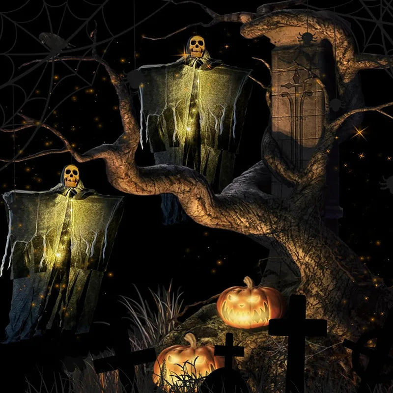 Glowing Skull Skeleton Halloween Hanging Ghost Decoration Indoor Outdoor Garden Horror Prop with Warm Light Option