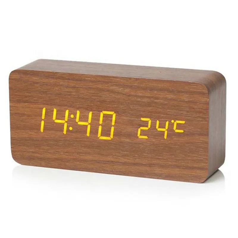 Wooden LED Digital Alarm Clock Minimalist Bedside & Desk Clock with Temperature Display