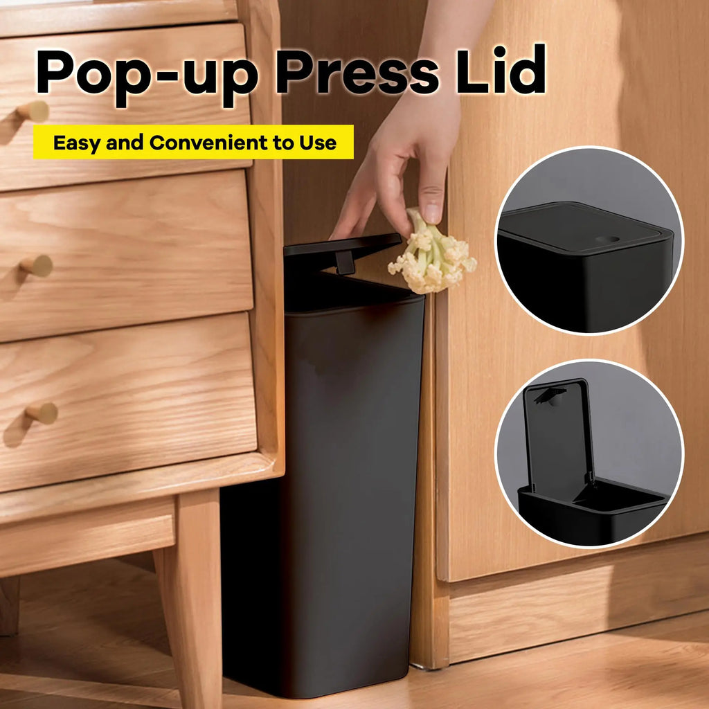 10L Press-Top Bathroom Trash Can Slim Pop-Up Lid Wastebasket for Bedroom & Living Room