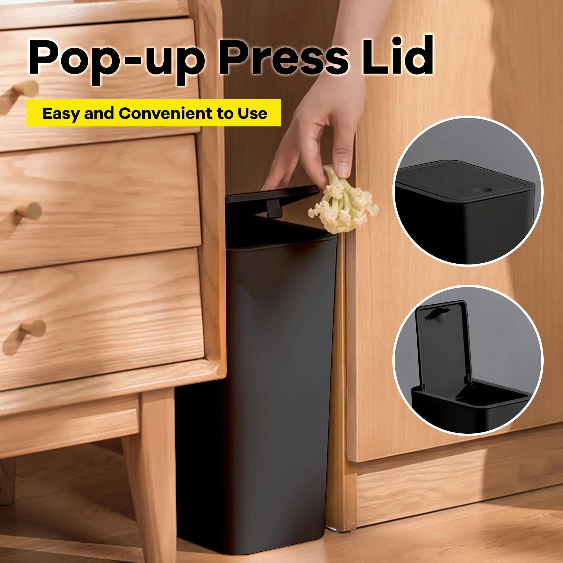 10L Press-Top Bathroom Trash Can Slim Pop-Up Lid Wastebasket for Bedroom & Living Room