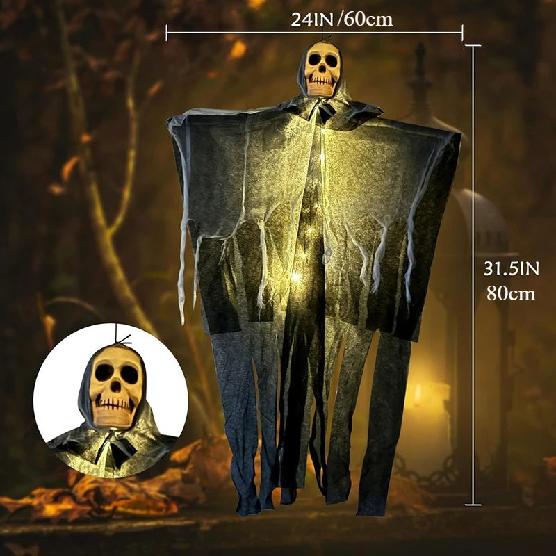 Glowing Skull Skeleton Halloween Hanging Ghost Decoration Indoor Outdoor Garden Horror Prop with Warm Light Option