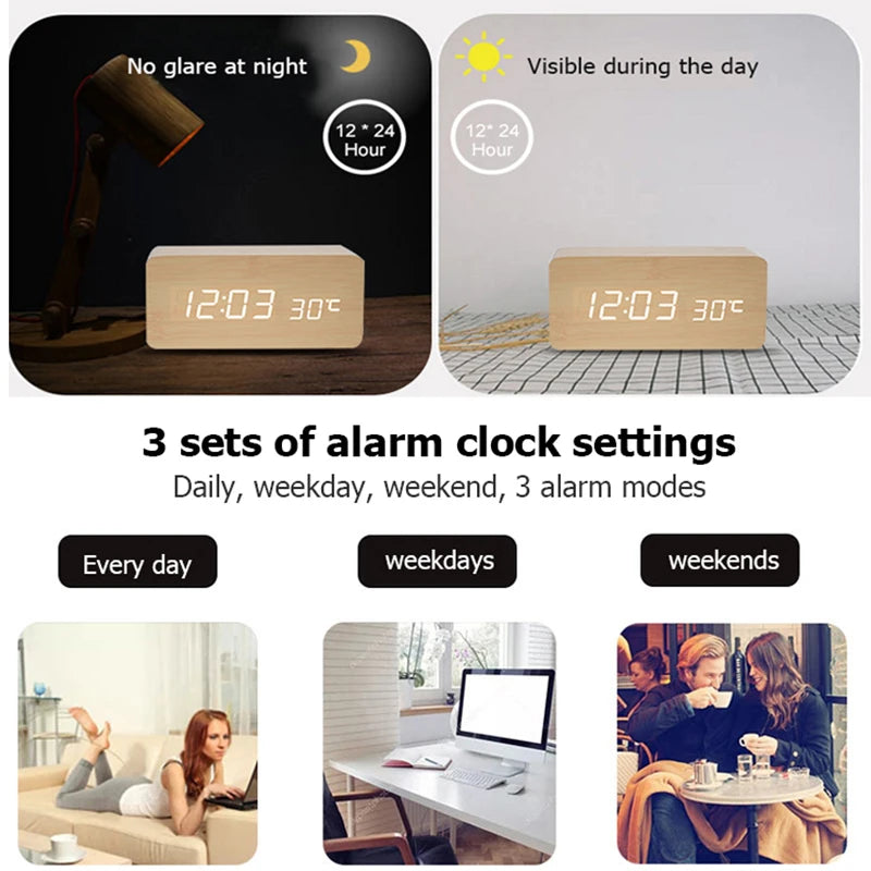 Wooden LED Digital Alarm Clock Minimalist Bedside & Desk Clock with Temperature Display