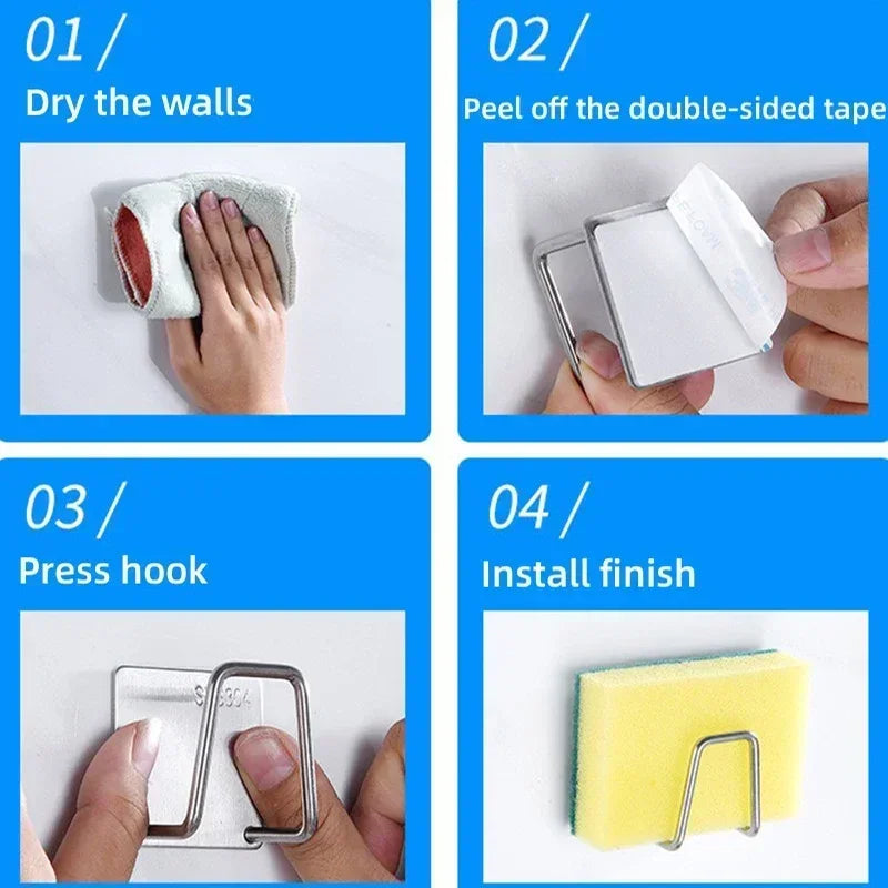 Stainless Steel Sink Sponge Holder – No Drill, Self-Adhesive