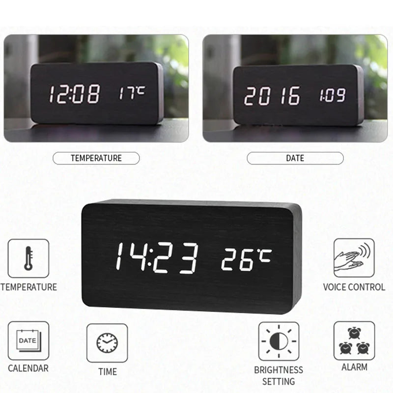 Wooden LED Digital Alarm Clock Minimalist Bedside & Desk Clock with Temperature Display
