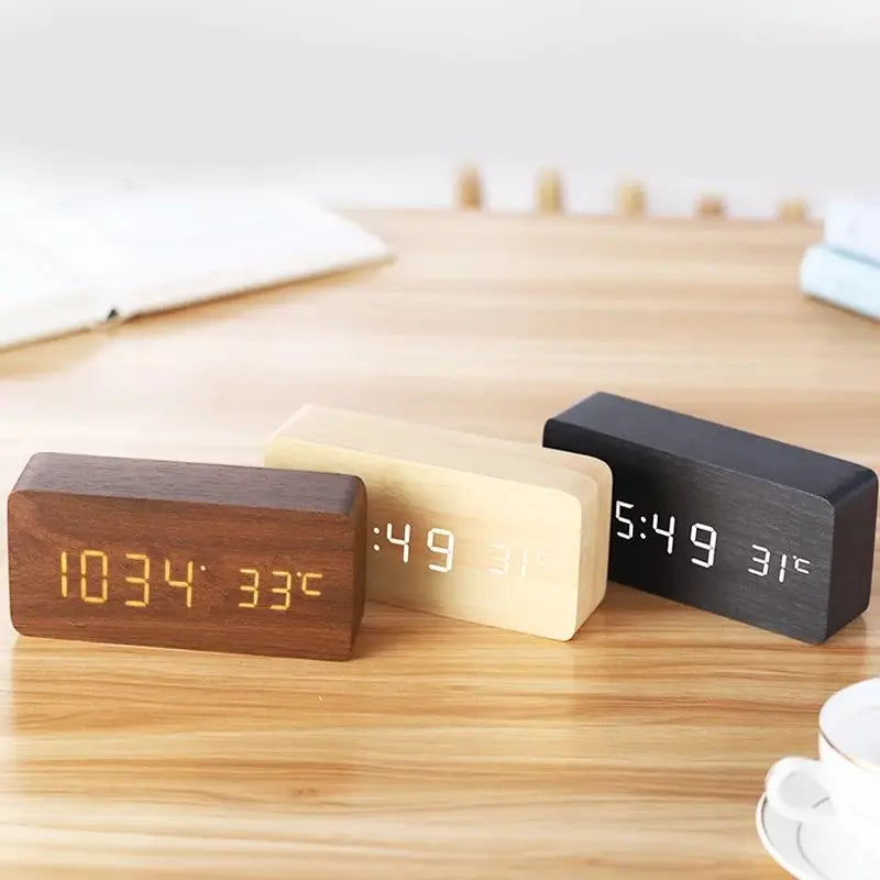 Wooden LED Digital Alarm Clock Minimalist Bedside & Desk Clock with Temperature Display