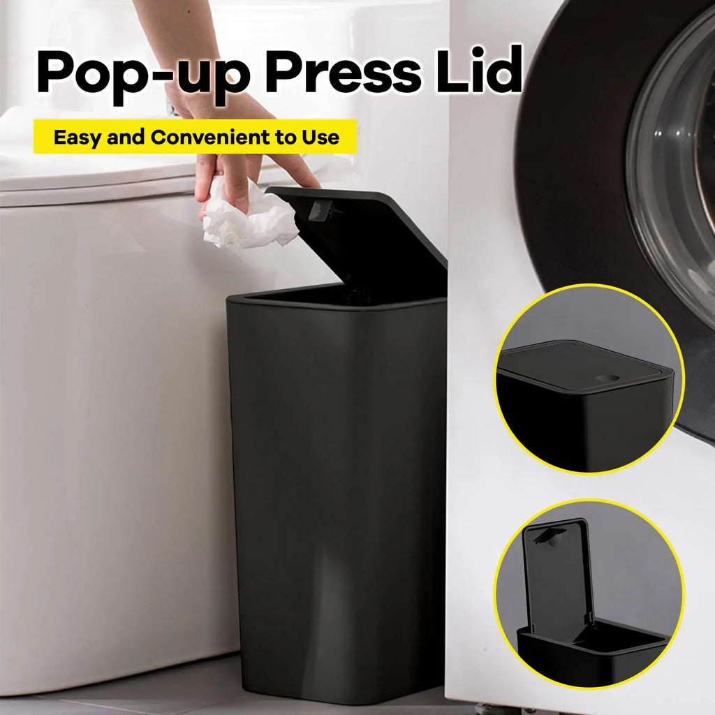 10L Press-Top Bathroom Trash Can Slim Pop-Up Lid Wastebasket for Bedroom & Living Room